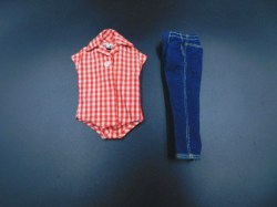 967 1959 - 1961 BARBIE DOLL PICNIC SET RED CHECK BODY BLOUSE, Plus CLAM DIGGER JEANS